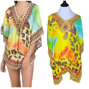 La Moda Tunic Top L XL Beaded Colorful Animal Print Boho Cover Up Kaftan V Neck